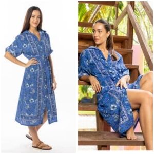 Bindu Margaret Dress Blue Button Front Printed Midi Tie Waist Cotton Size XL